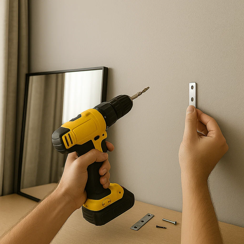 Hands holding level against wall while marking drill points for correct mirror alignment.