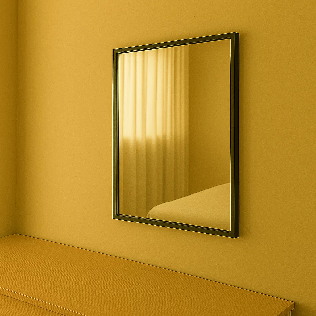 Framed mirror securely fixed on beige wall above dressing table, reflecting curtain and bed.