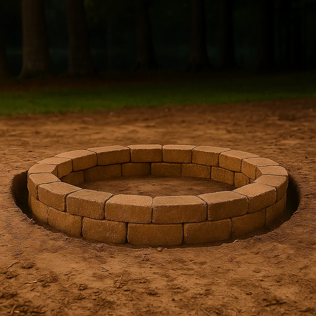 Stacked concrete blocks forming a round fire pit wall