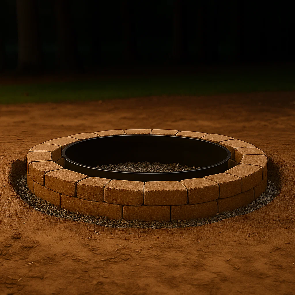 Metal fire ring installed inside stone fire pit structure
