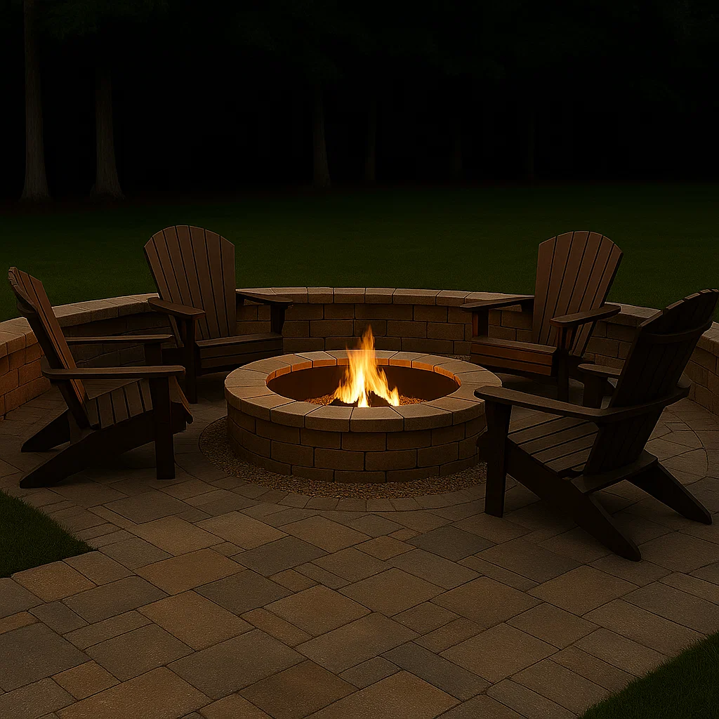 Outdoor stone fire pit surrounded by wooden chairs on patio