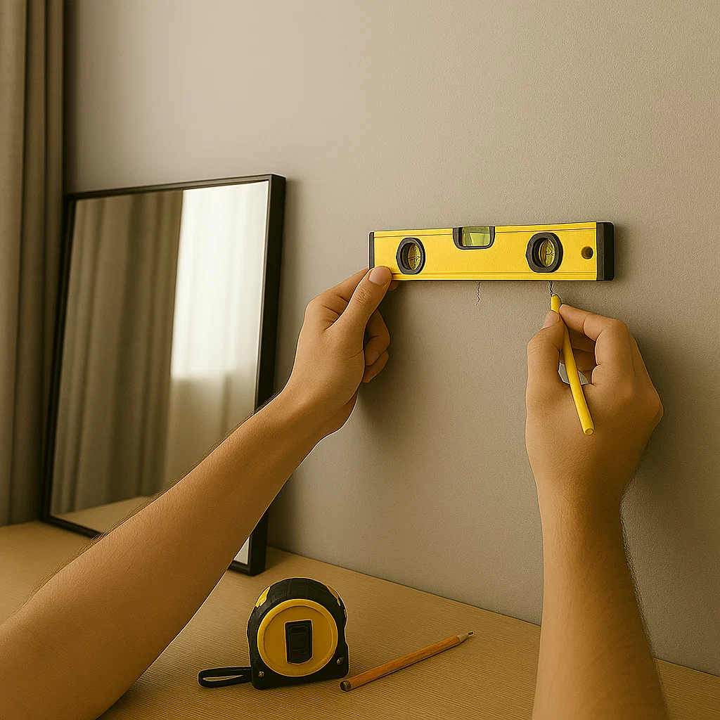 Person drilling into beige wall above table to create mounting holes for mirror brackets.