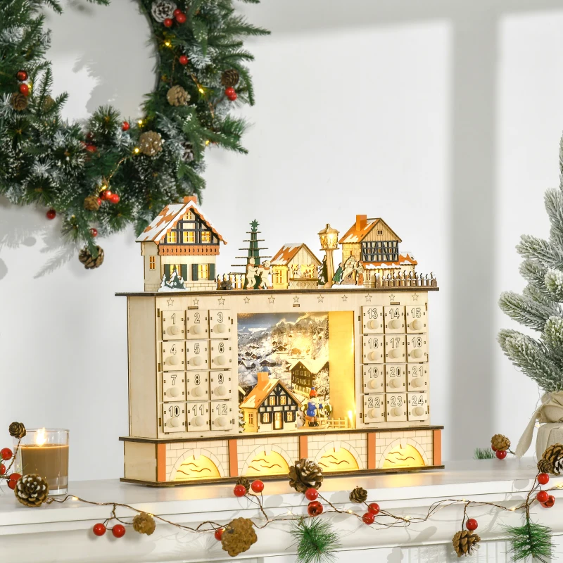 Lighted wooden village advent calendar with central diorama.