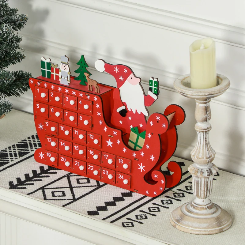 Red Santa sleigh wooden advent calendar with drawers.