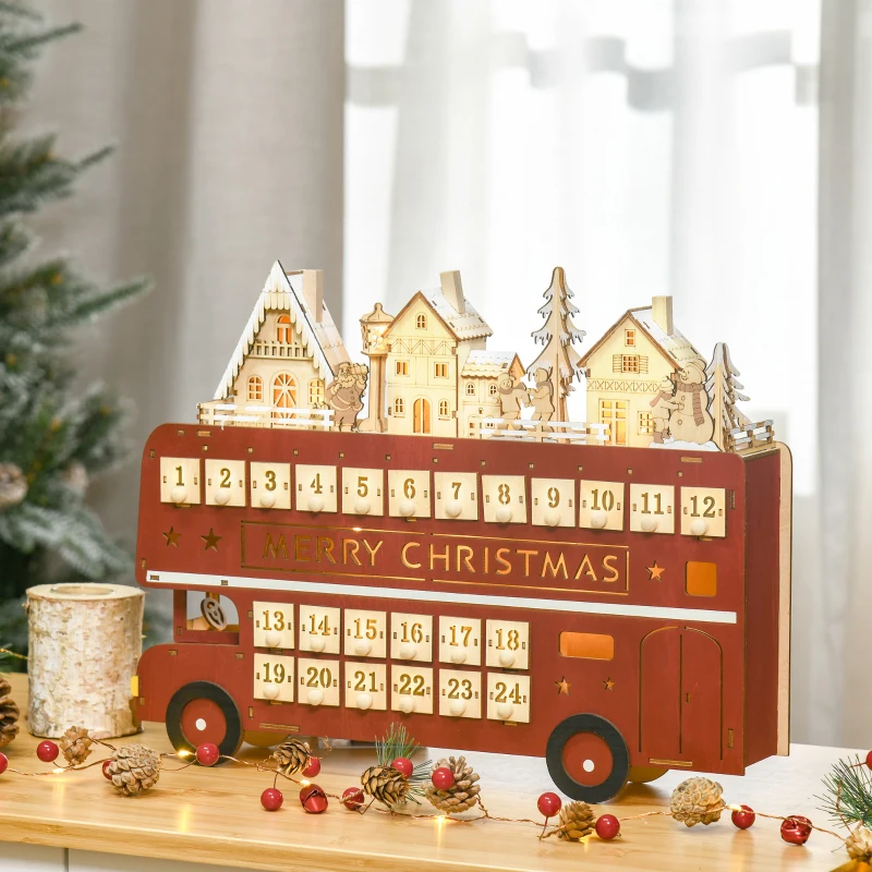 Wooden red double-decker bus advent calendar with drawers.