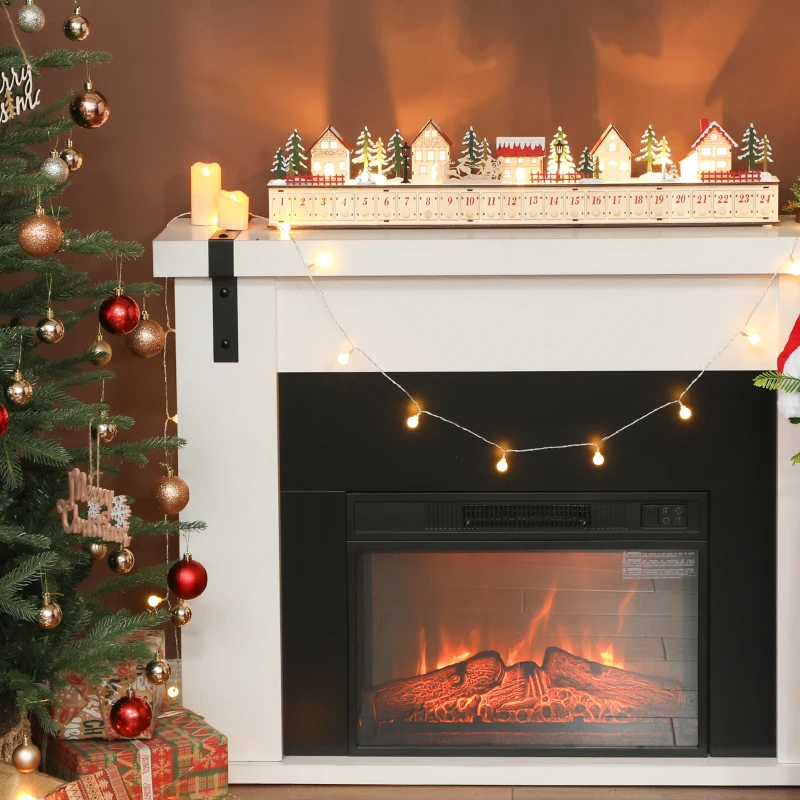 Long wooden village advent calendar on fireplace mantel.