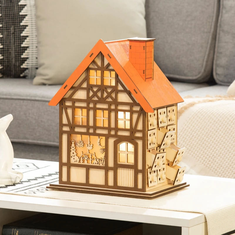 Wooden house advent calendar with orange roof and lights.