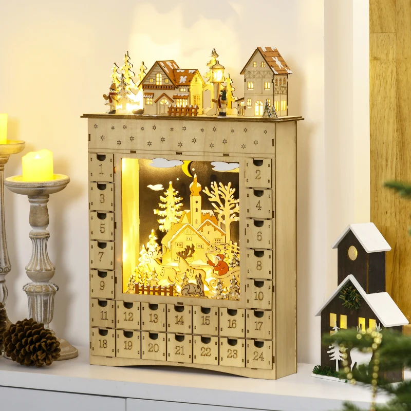 Tall lighted snowy village advent calendar with drawers.