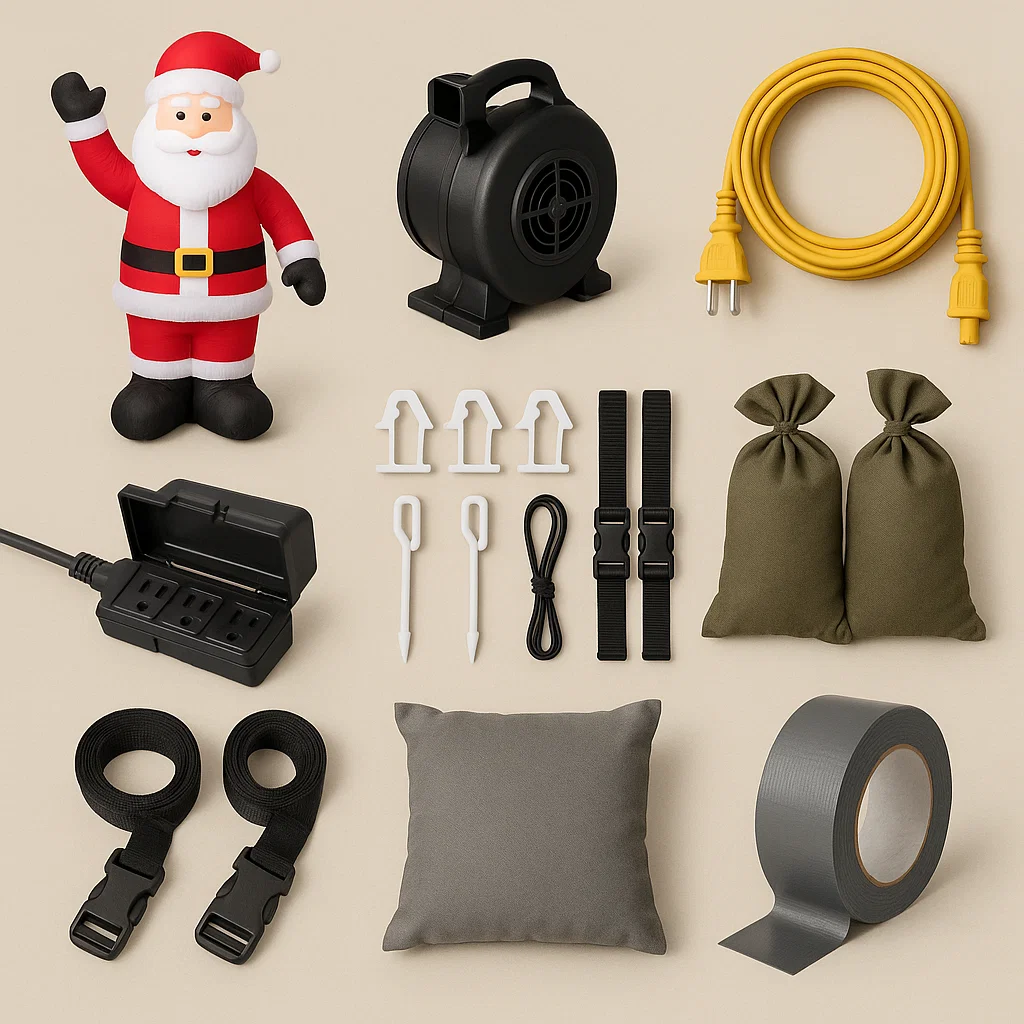 Rooftop Christmas inflatable Santa setup tools with cords, blower, and sandbags.