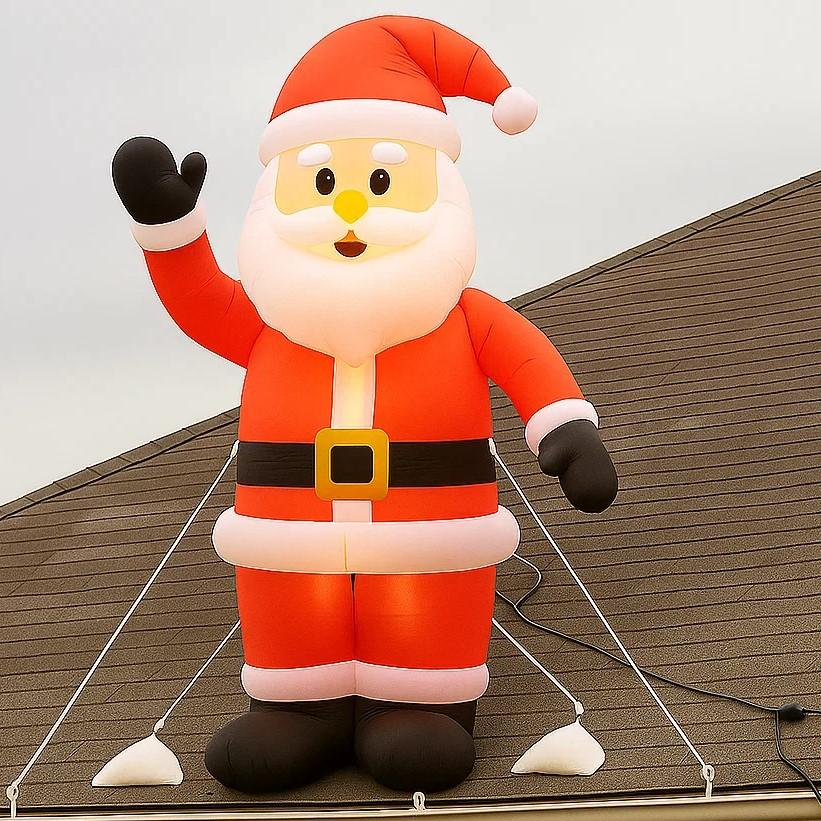Man checking Christmas inflatable Santa on rooftop for proper alignment.