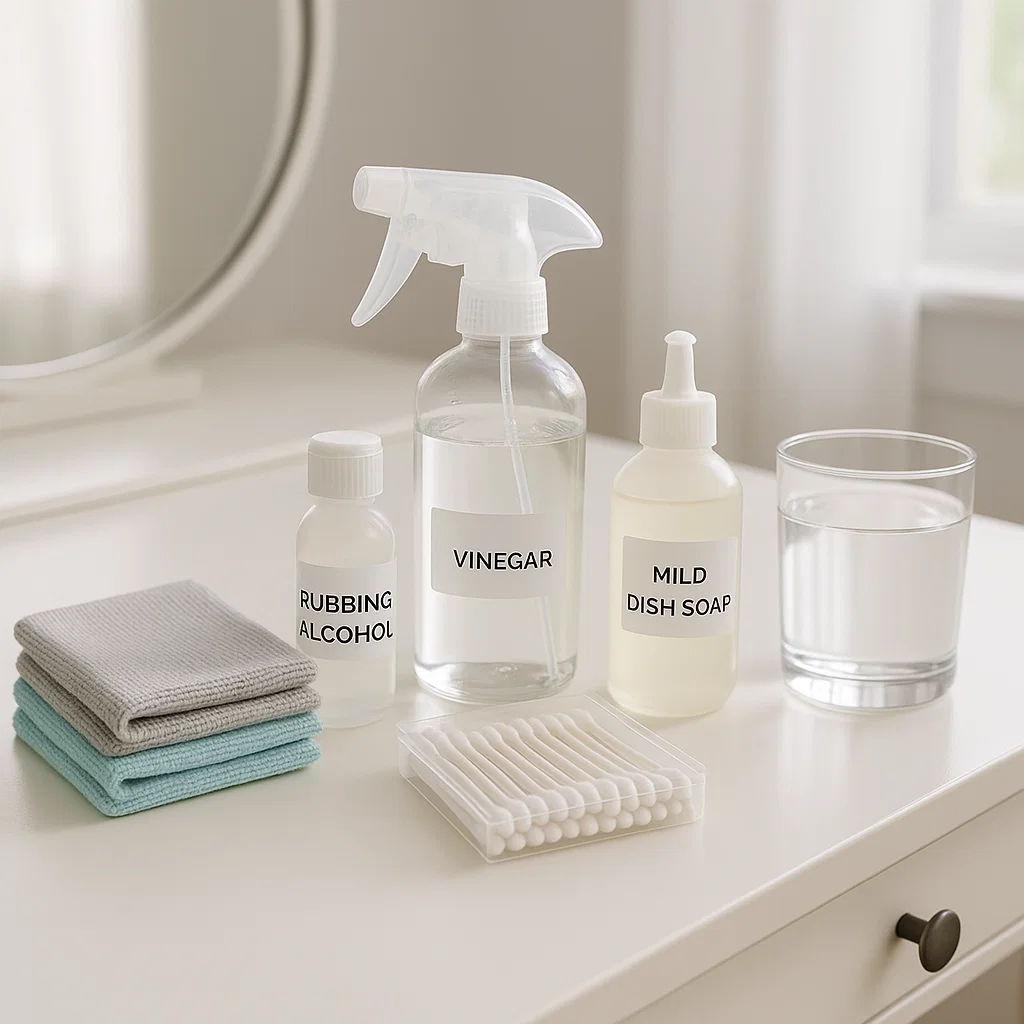 Mirror cleaning supplies including vinegar spray, mild dish soap, rubbing alcohol, cloths, and cotton swabs.