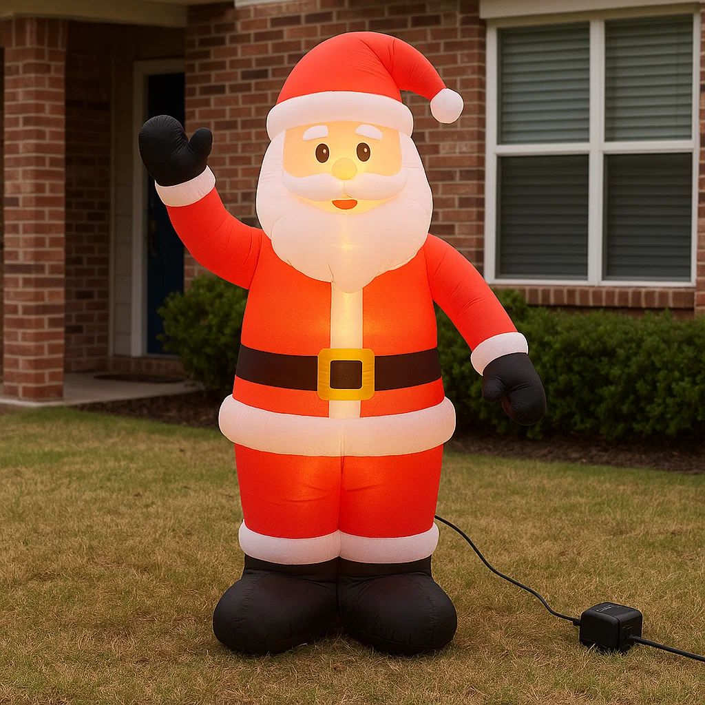 Inflatable Santa decoration tested on lawn with blower connected.