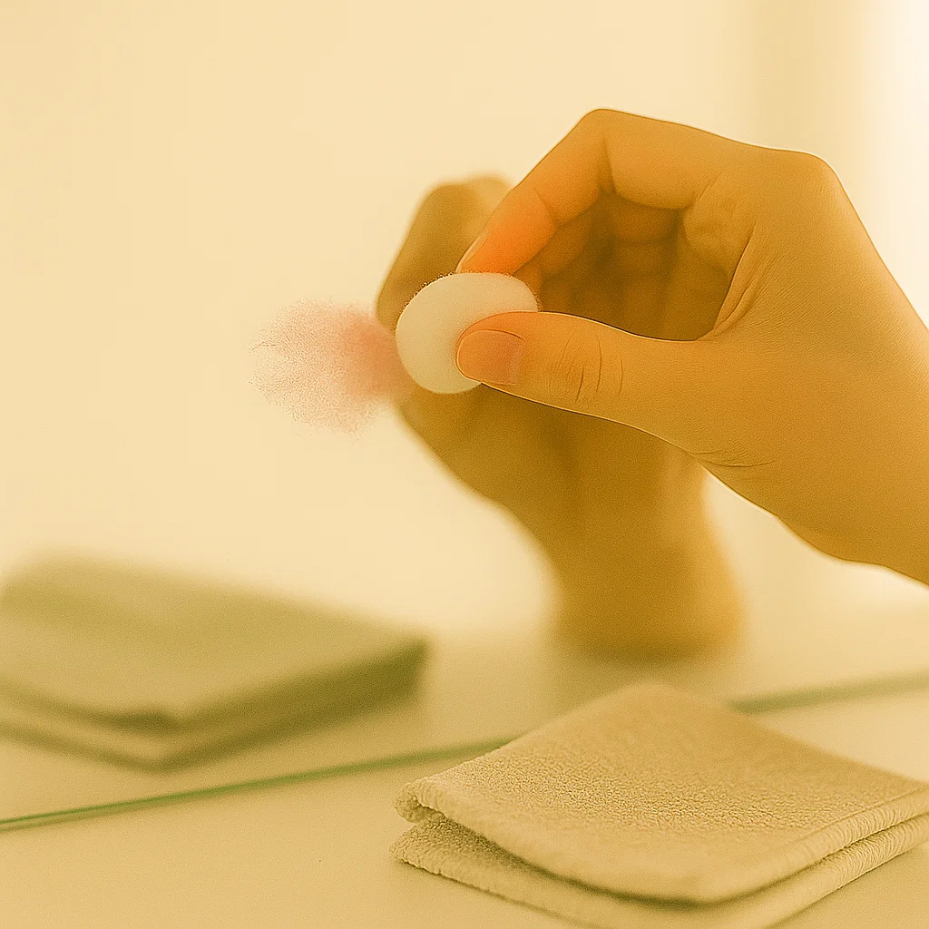 Hand holding cotton pad to remove stubborn stain from dressing table mirror surface.