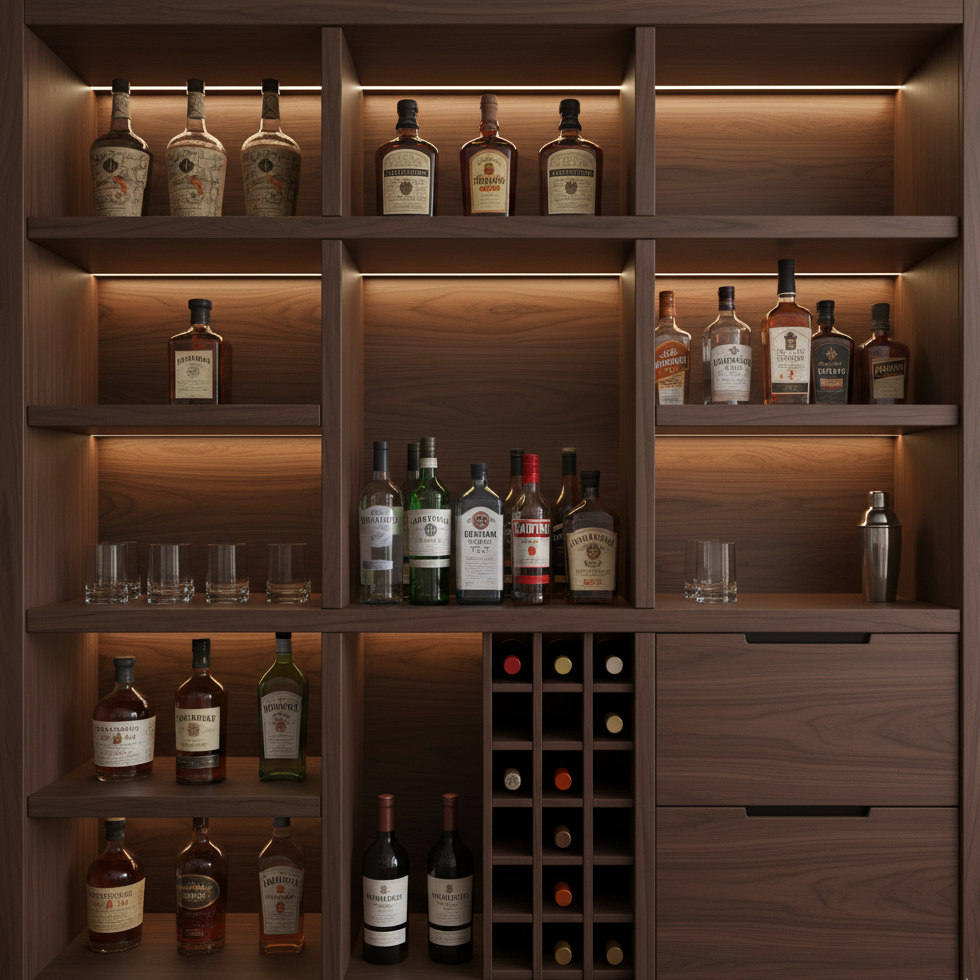 Wooden bar cabinet with bottles and glasses arranged neatly on shelves.