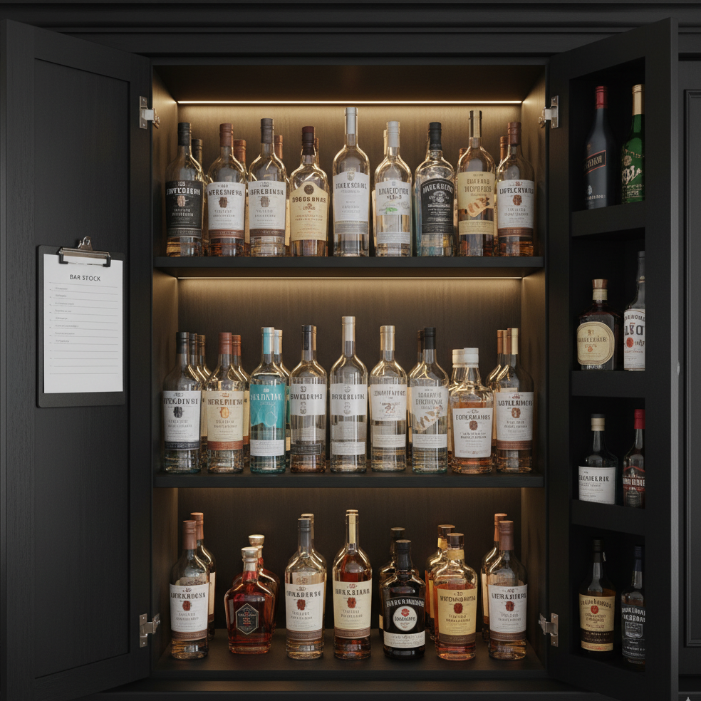 Black cabinet with open doors displaying liquor bottles and bar stock checklist.