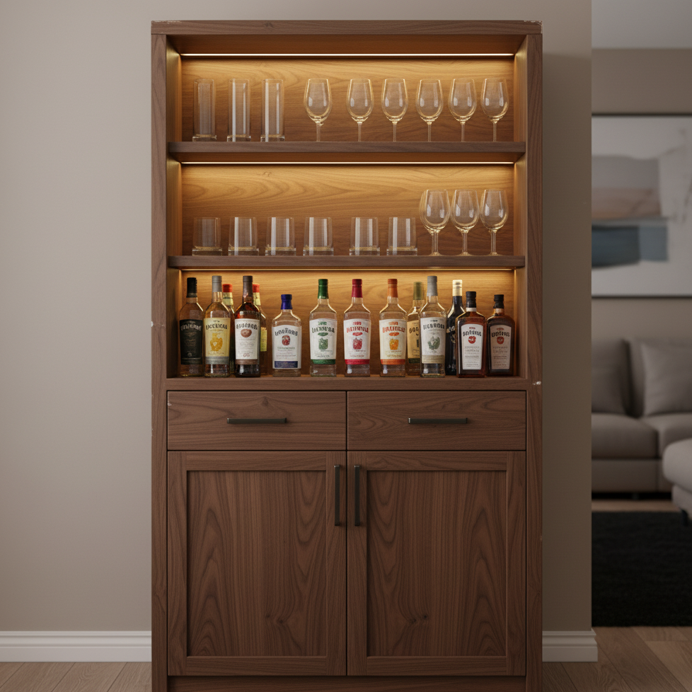 Tall wooden bar cabinet with glassware and liquor bottles lit by warm lighting.