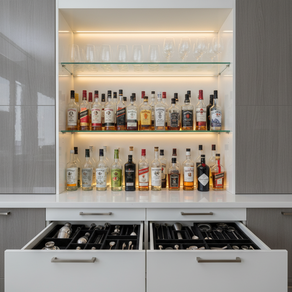 White modern bar cabinet with liquor bottles, glasses, and organized bar tools in drawers.