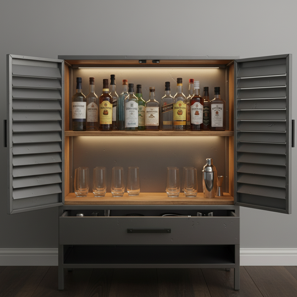Gray cabinet with shutter doors open, bottles and cocktail glasses displayed with lighting.