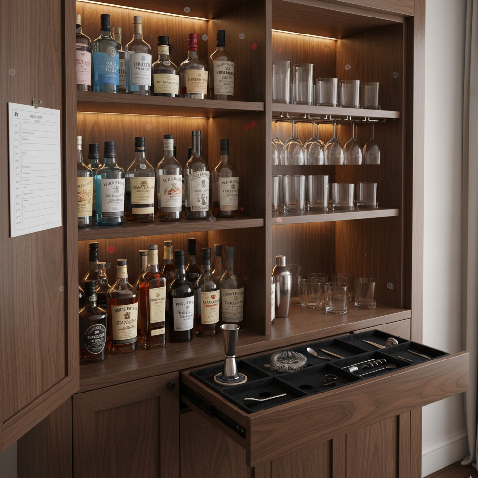Wooden home bar cabinet with liquor, cocktail glasses, and bar tools in pull-out drawer.