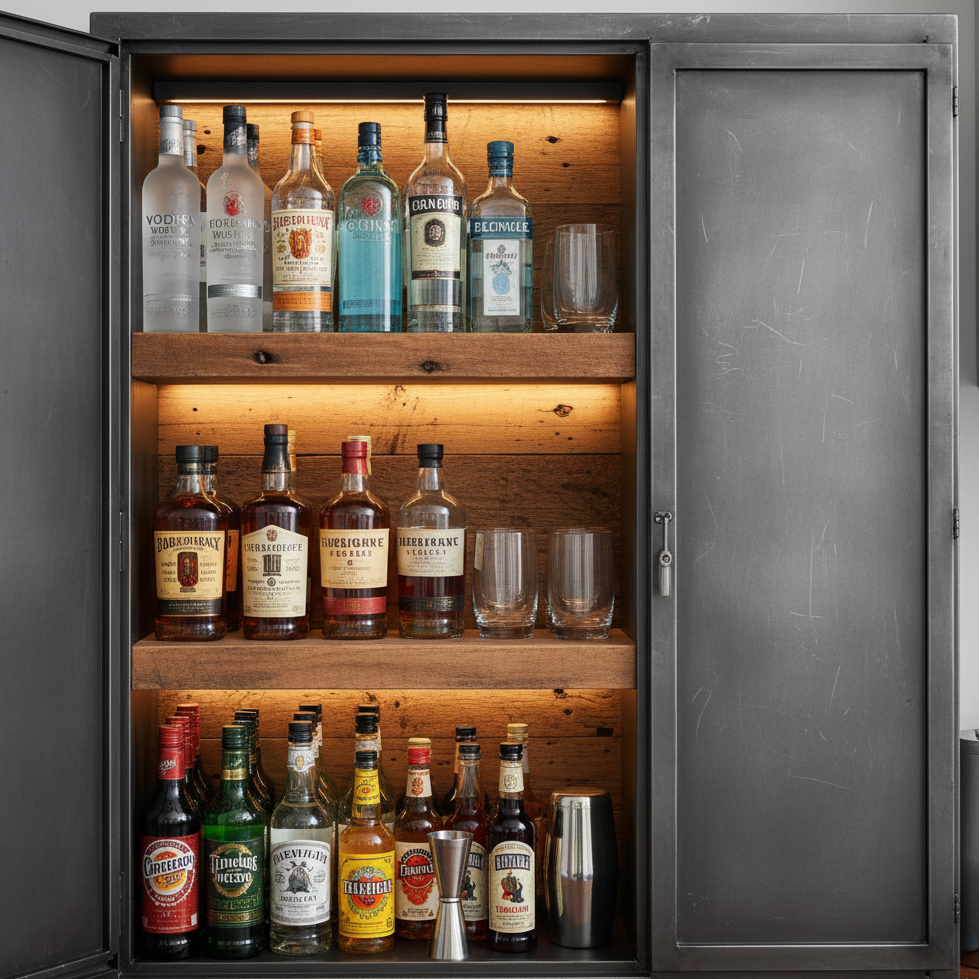 Rustic metal cabinet with liquor bottles, cocktail shaker, and glass tumblers.