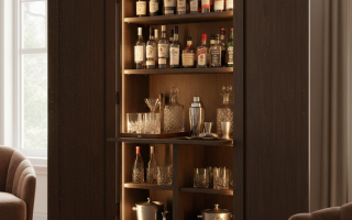Tall dark wooden armoire transformed into a stylish home bar with bottles and glassware.