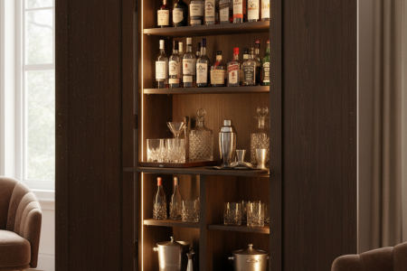 Tall dark wooden armoire transformed into a stylish home bar with bottles and glassware.