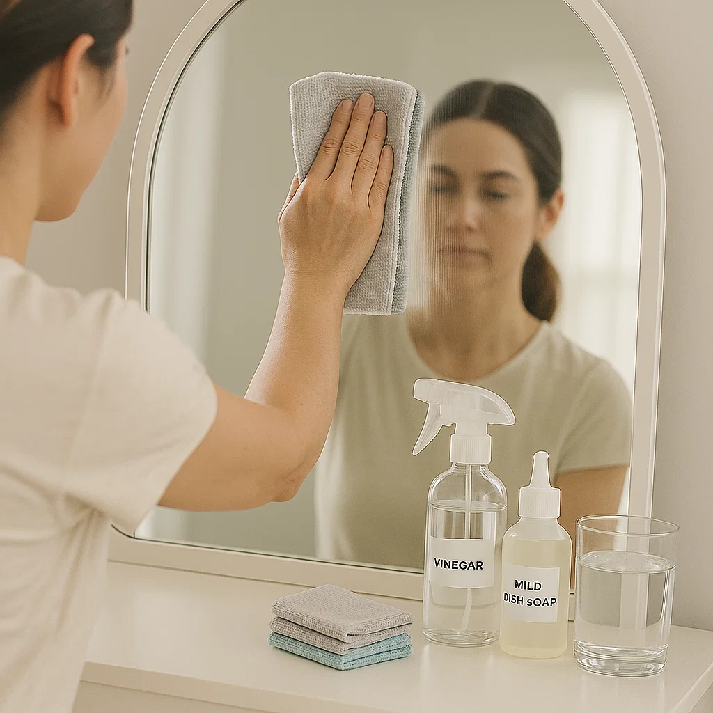 Woman wiping dust from dressing table mirror using a gray microfiber cloth.