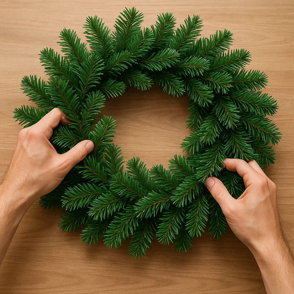 Plain green Christmas wreath with fluffed branches.