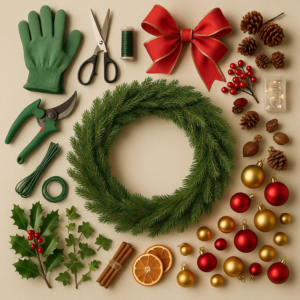 Christmas wreath making supplies with ribbons, ornaments, and foliage.