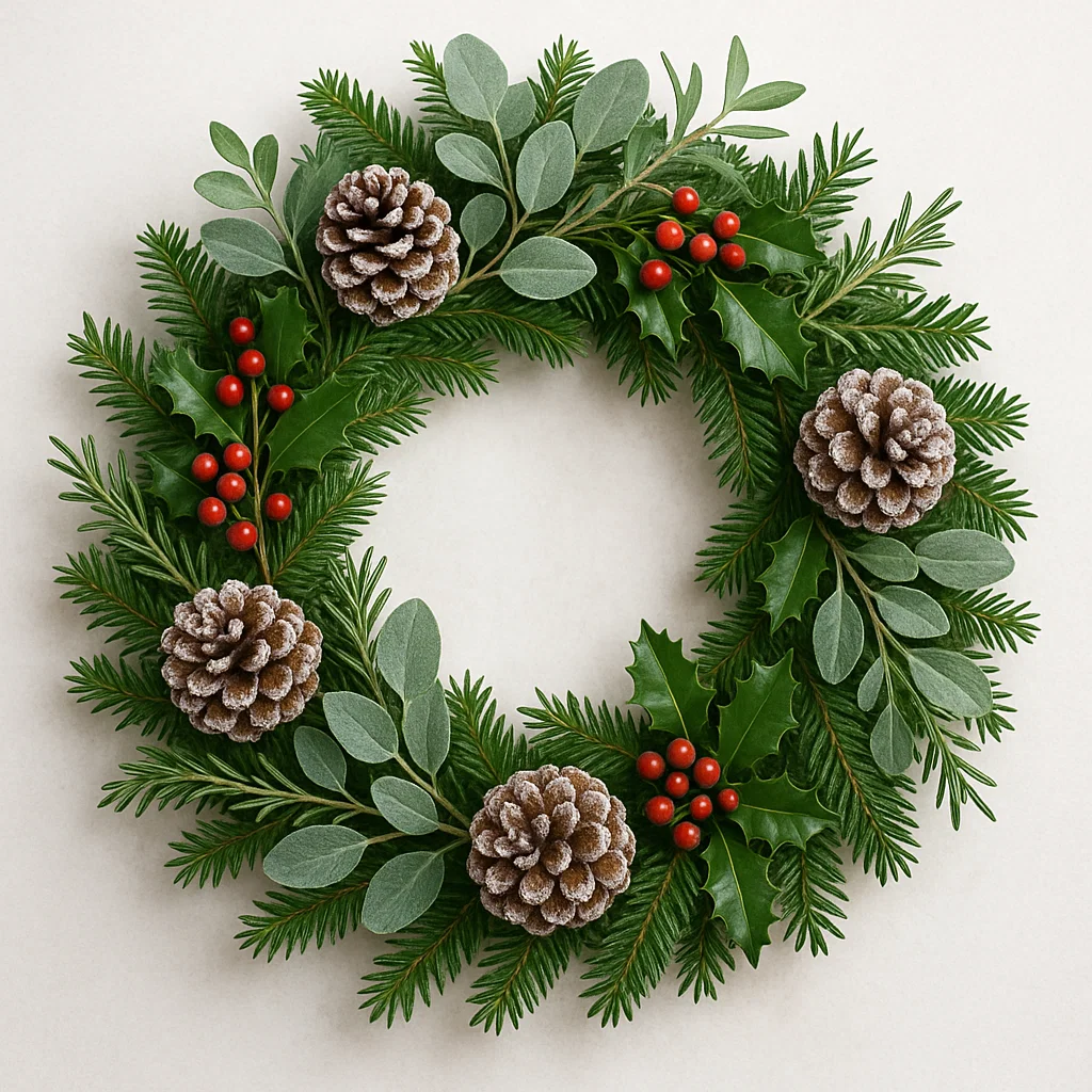 Christmas wreath decorated with pinecones, holly, and berries.
