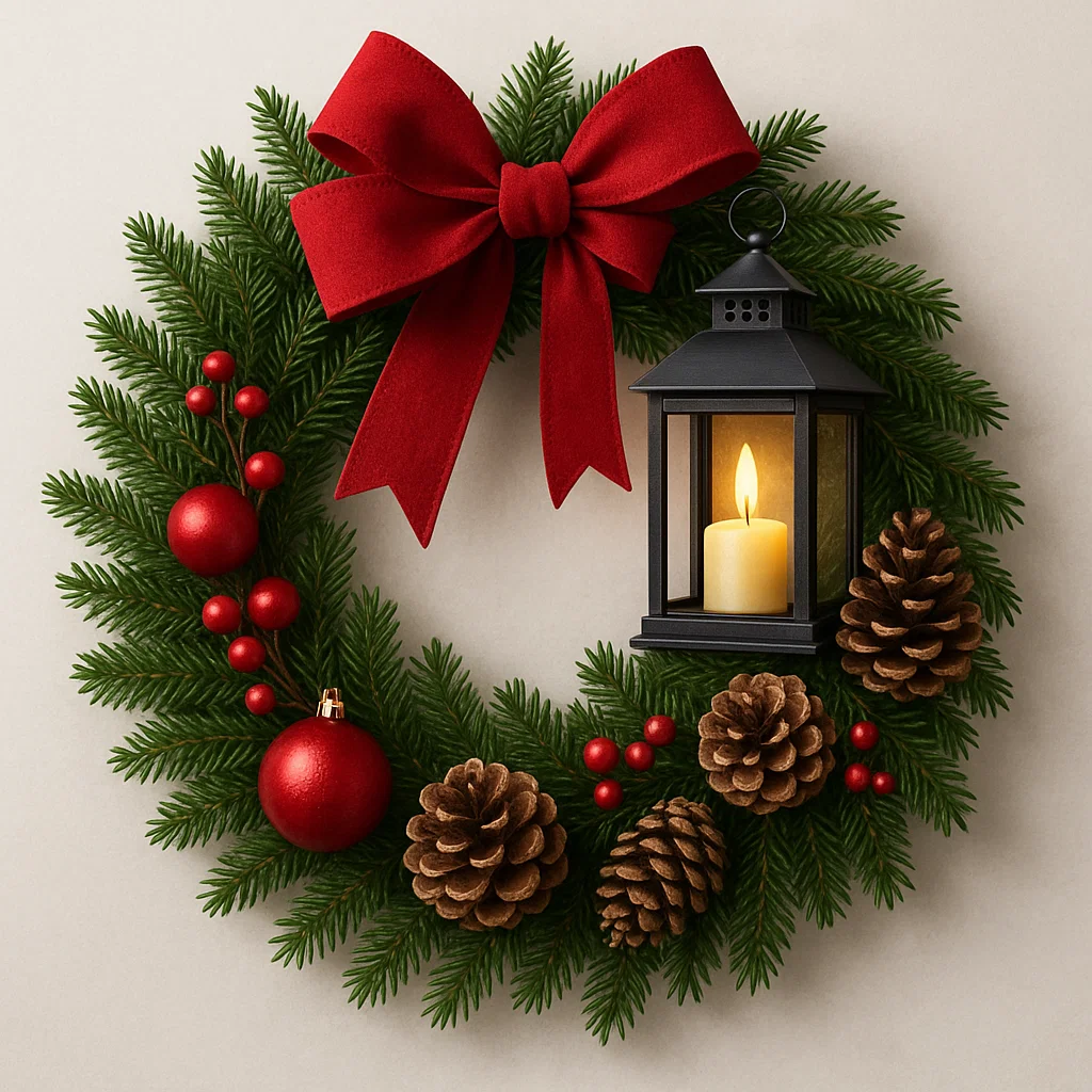 Christmas wreath with red bow, lantern, and pinecones.