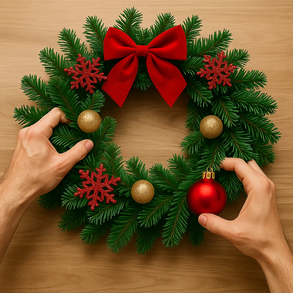 Christmas wreath decorated with red ornaments and red bow.