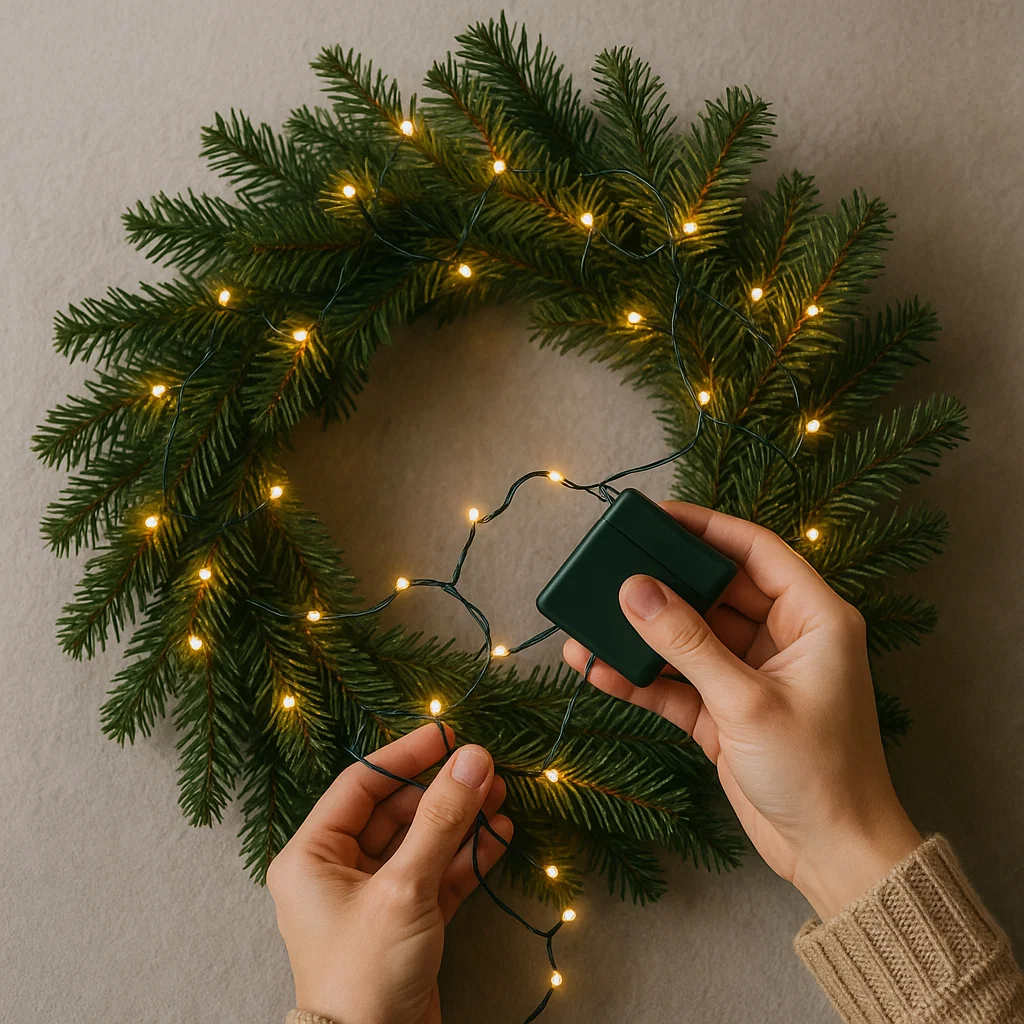 LED string lights wrapped around Christmas wreath.