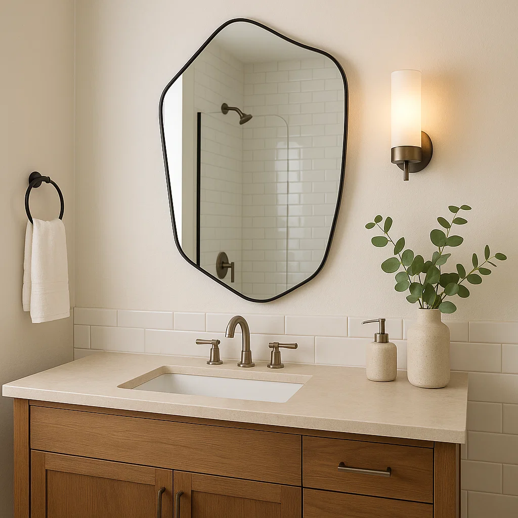 Irregular wall mirror above wooden vanity with sink and potted plant.
