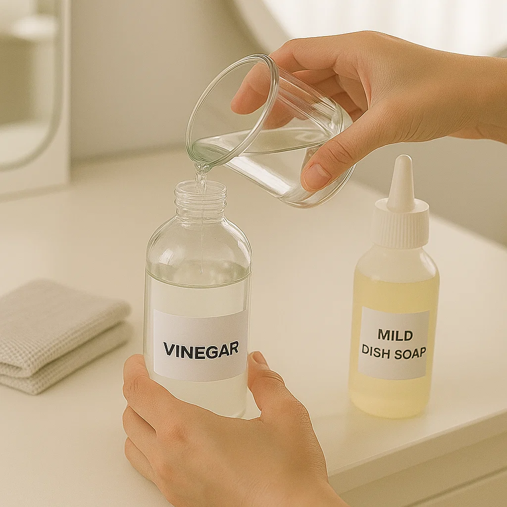Hand pouring water into a vinegar bottle beside mild dish soap for homemade mirror cleaner.