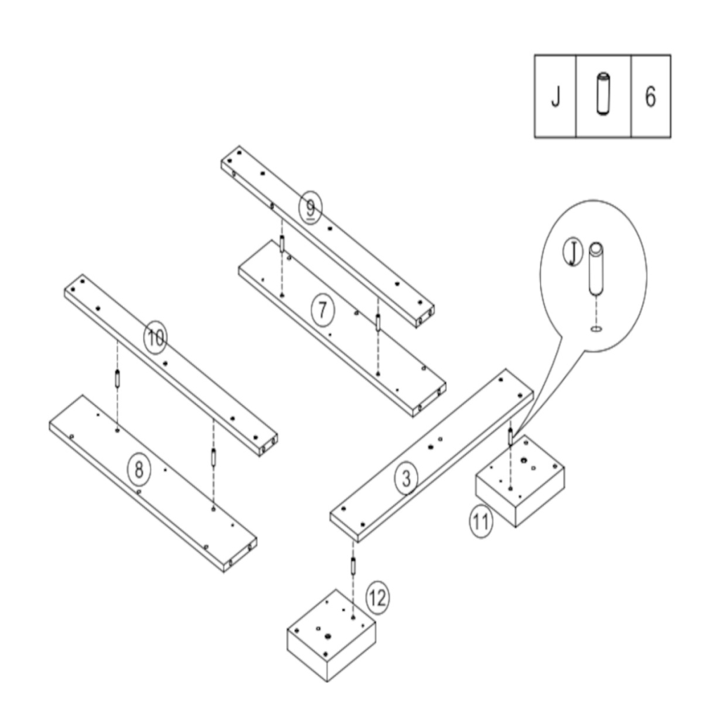 Wooden panels aligned with dowels for frame assembly.