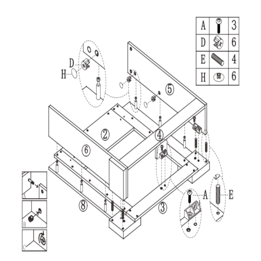 Side panels fixed to base with screws and dowels.
