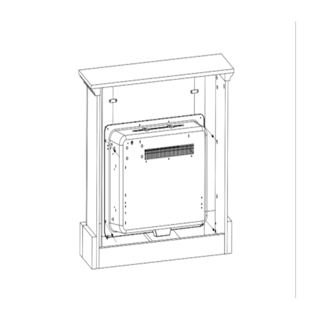 Electric fireplace insert secured inside wooden cabinet frame.