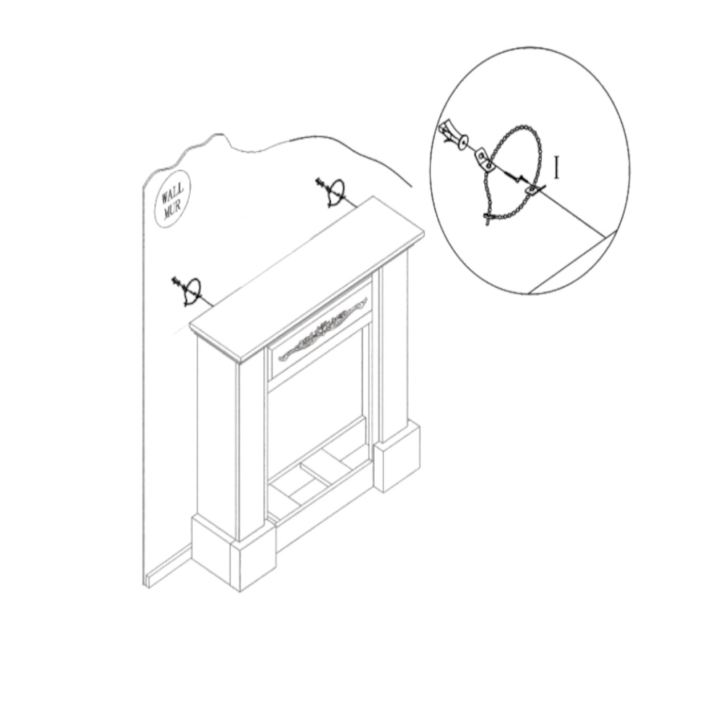 Wall-mounted anti-tip safety chain securing fireplace frame.