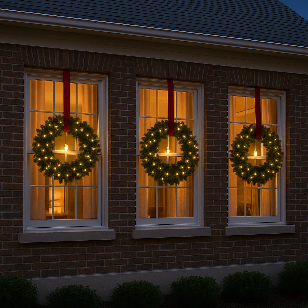 Three Christmas wreaths with warm lights hanging on brick house windows with red ribbons.