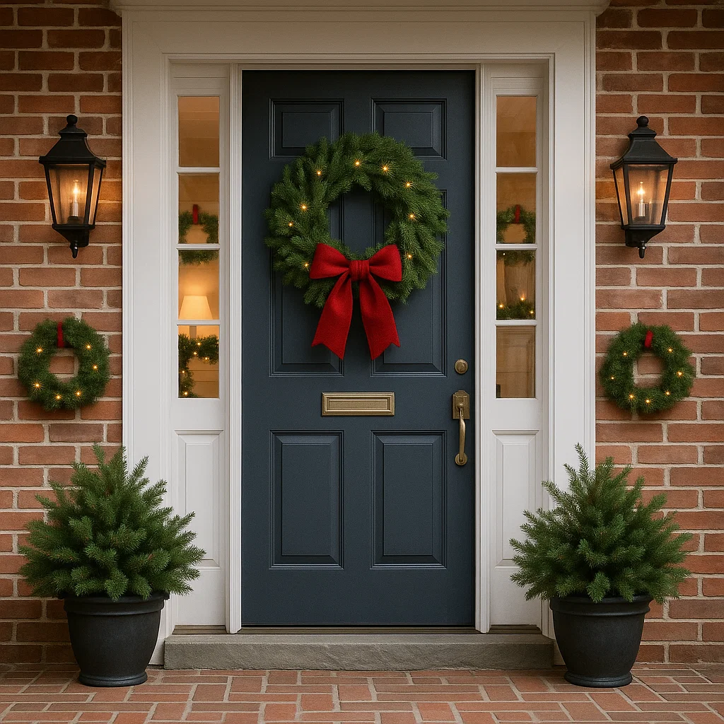 Christmas wreath with red bow on dark front door, flanked by lit lanterns and mini wreaths.