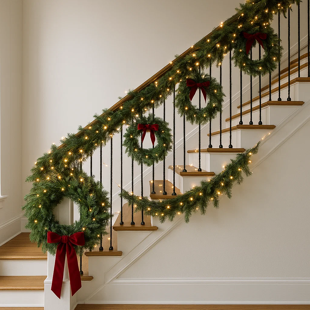 Christmas wreaths with lights and red bows adorning staircase banister wrapped with garland.