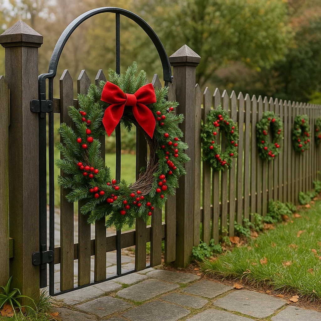 Christmas wreath with red bow and berries on wooden garden gate, with matching wreaths along fence.