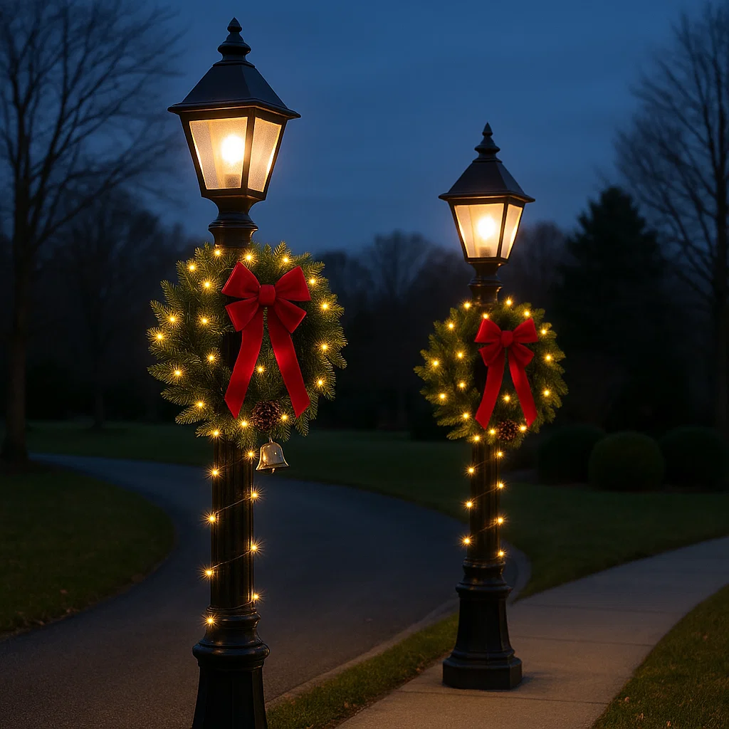 Christmas wreaths with red bows and lights decorating black lampposts along driveway at night.