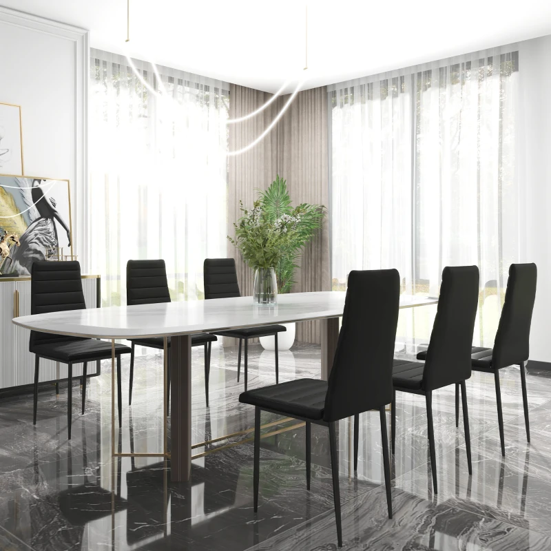 Elegant high-back channel chairs arranged in spacious dining room.