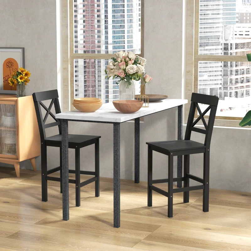 Rustic farmhouse cross-back chairs beside white marble dining table.