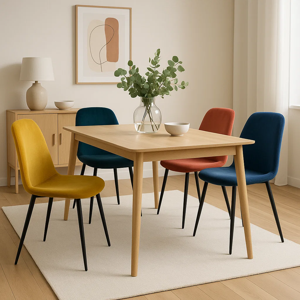 Vibrant statement color dining chairs in mustard, navy, red.