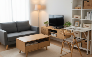 Minimalist living room with sofa, storage table, and shelving unit.