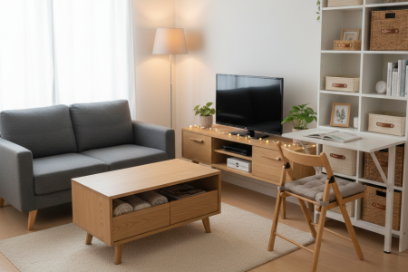 Minimalist living room with sofa, storage table, and shelving unit.