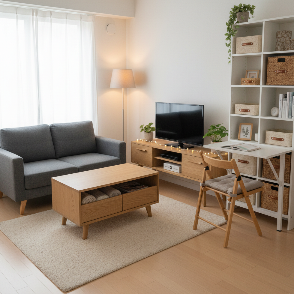 Minimalist living room with sofa, storage table, and shelving unit.